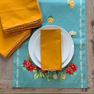 Set of 8 Vintage 70’s Orange Napkins With Ombré  Embroidered Trim